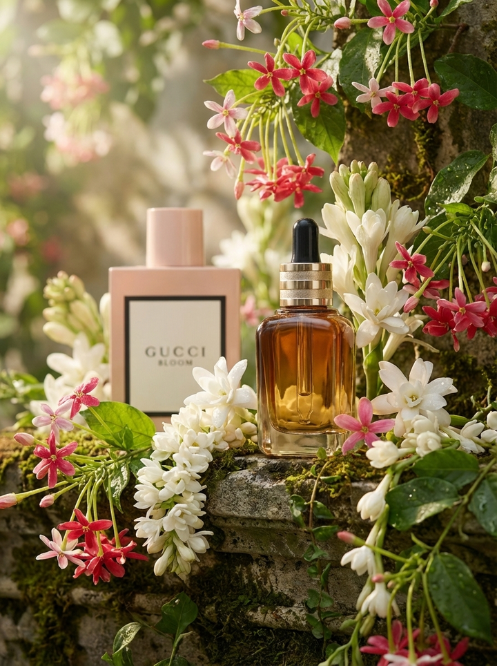 Spring: Azhara fragrance oil dropper bottle among white jasmine and pink blossoms on a mossy stone