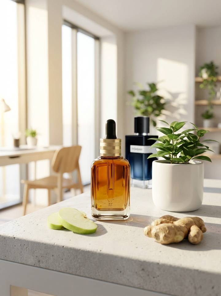 Vyrium: Azhara fragrance oil dropper bottle on a white stone counter in a bright room, with ginger, apple slices and a potted plant