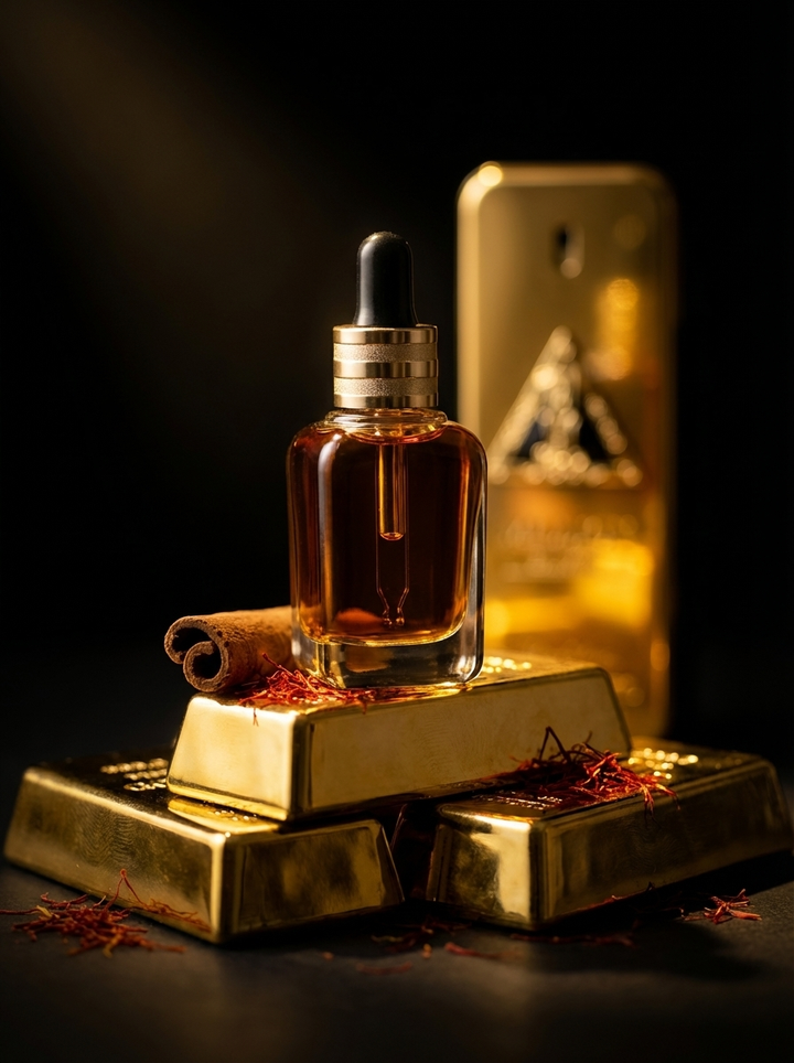 Aurum: Azhara fragrance oil dropper bottle on gold bars with cinnamon sticks and saffron