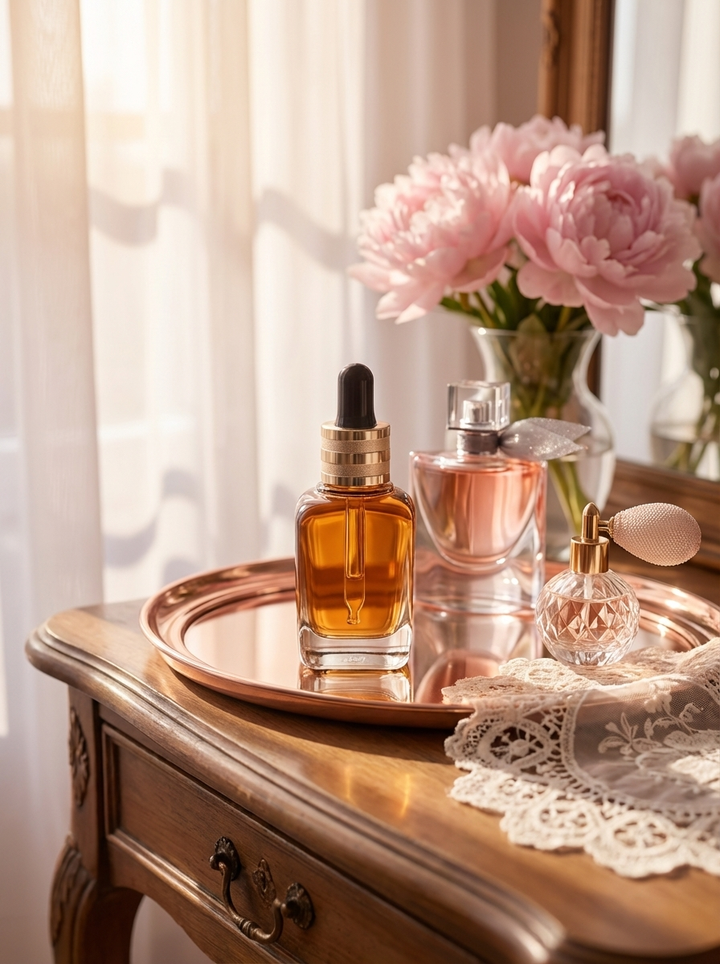Belle: Azhara fragrance oil dropper bottle on a copper tray with pink peonies and lace in soft window light
