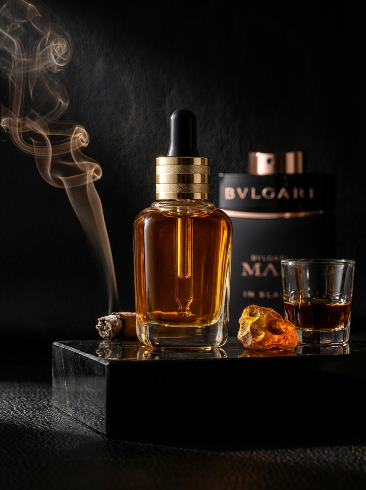 BLCK: Azhara fragrance oil dropper bottle on a black stone plinth with curling smoke, amber resin and a glass of rum