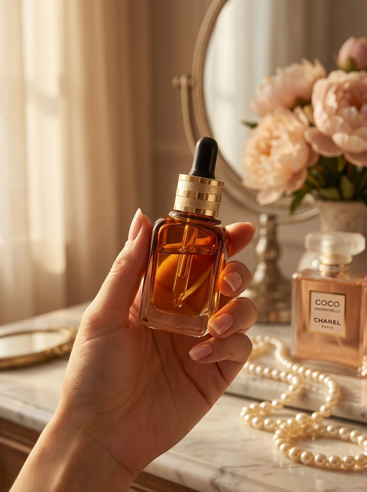 Sepharine: a hand holding the Azhara fragrance oil dropper bottle at a marble vanity with pearls and peonies