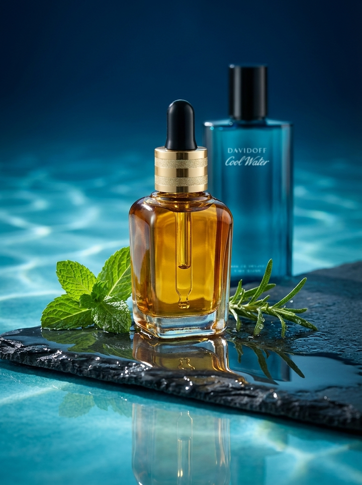Wave: Azhara fragrance oil dropper bottle on wet black stone above clear blue water, with mint and rosemary