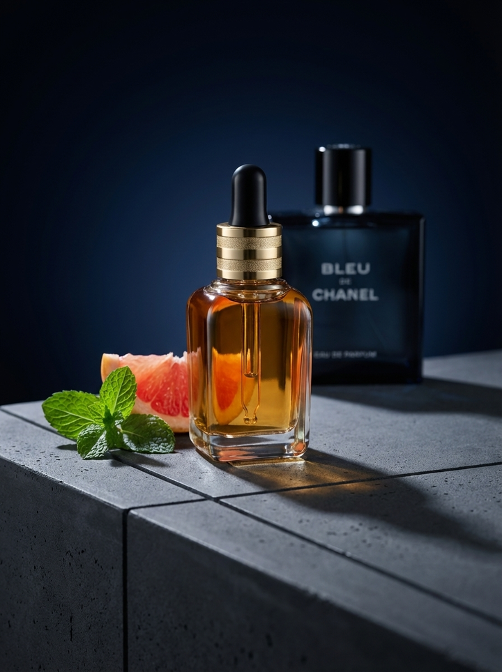 Drift: Azhara fragrance oil dropper bottle on a dark stone block against deep blue, with watermelon and mint