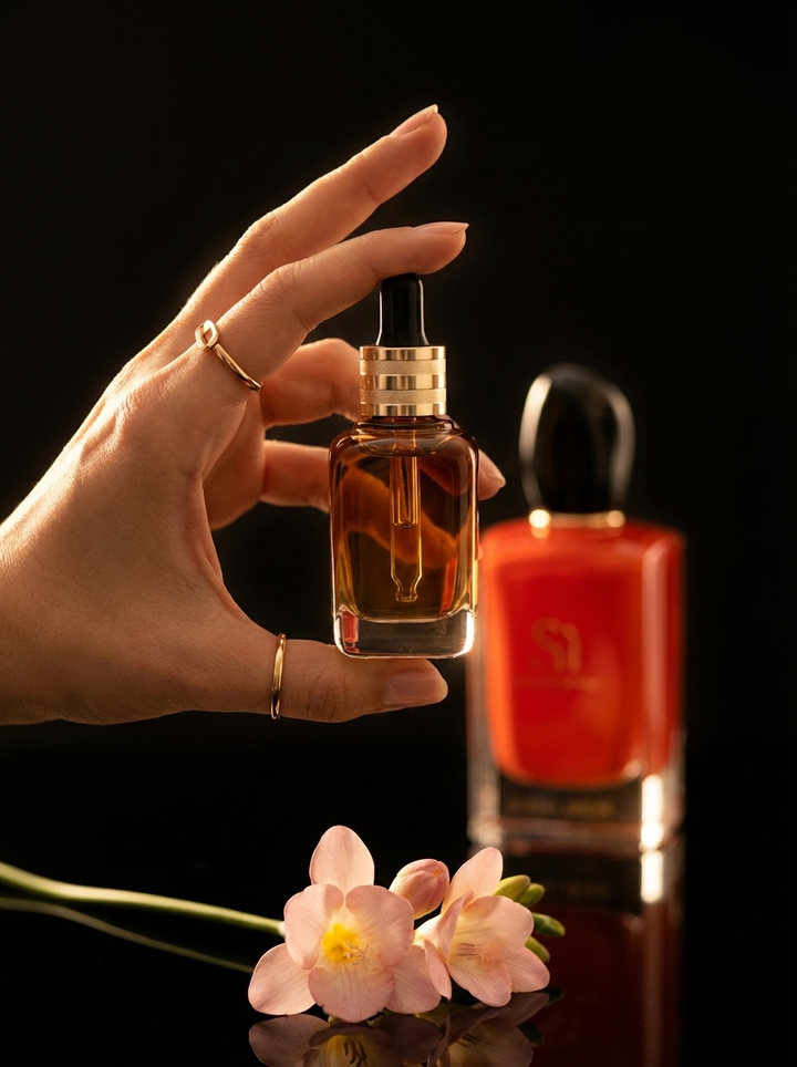 Eleganza: fingertips holding the Azhara fragrance oil dropper bottle against black, with pink blossoms