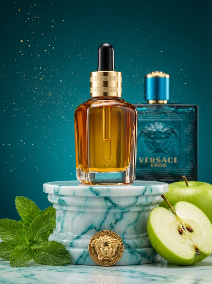 Incendia: Azhara fragrance oil dropper bottle on a marble plinth against deep teal, with green apple and mint