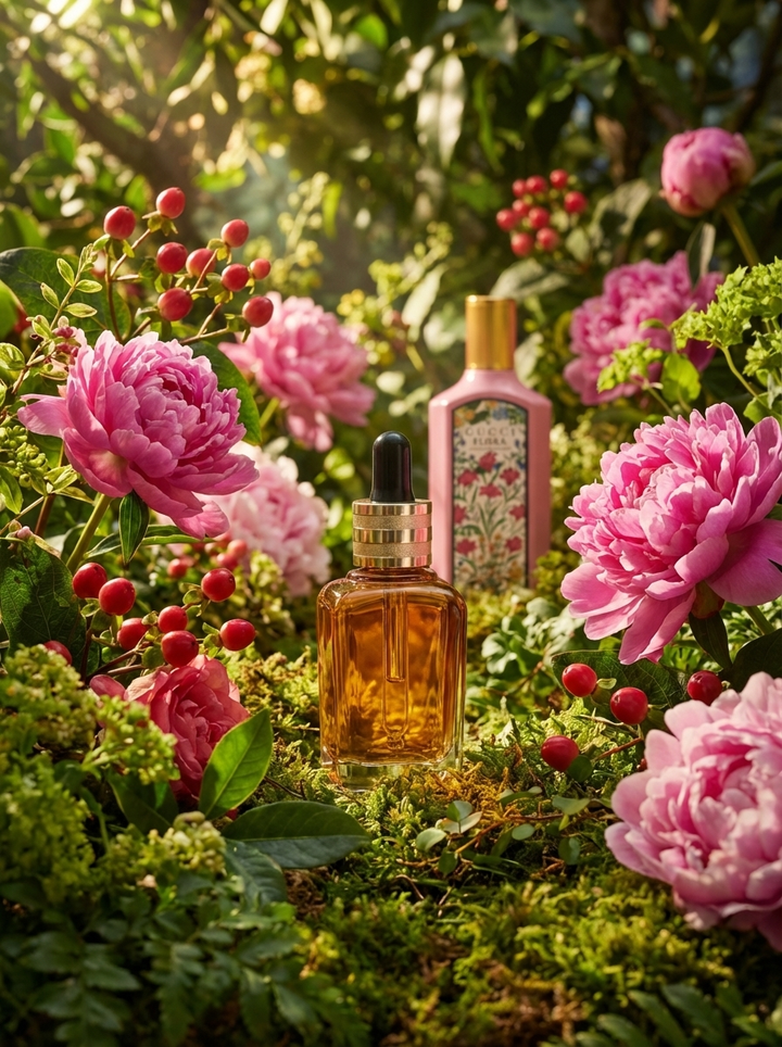 Fiorelle: Azhara fragrance oil dropper bottle in a garden of pink peonies and red berries
