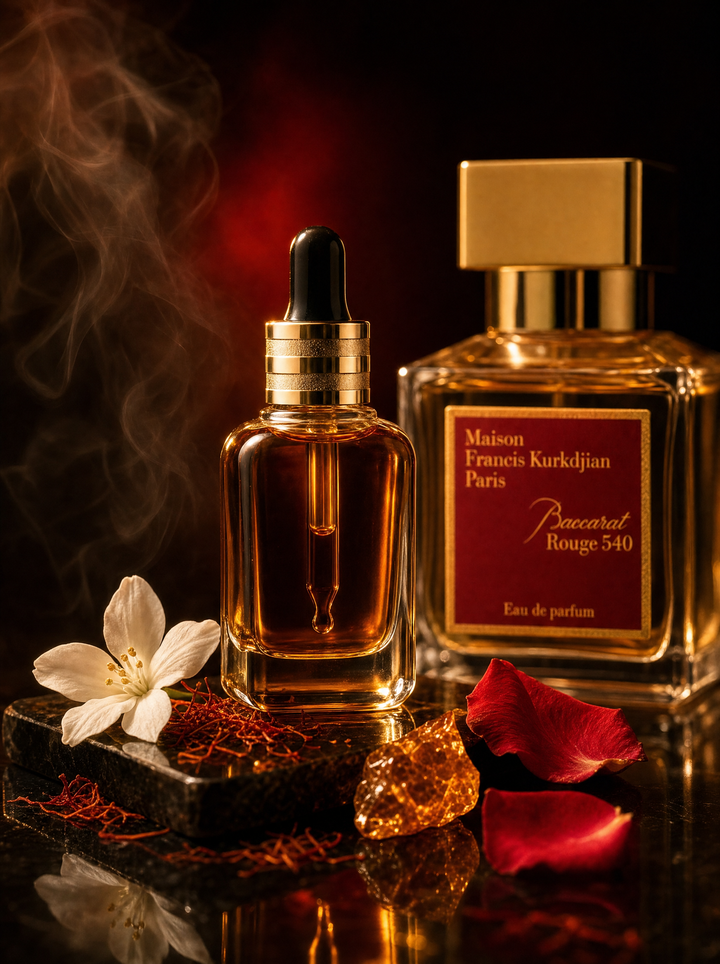 Azhara Solaris fragrance oil inspired by Baccarat Rouge 540 - clear dropper bottle, dramatic red-gold scene