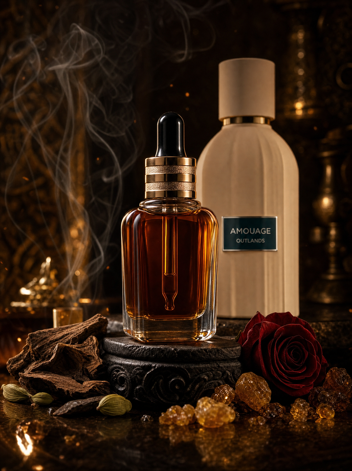 Azhara Nomara limited-edition fragrance oil inspired by Amouage Outlands - clear dropper bottle, dark smoky scene