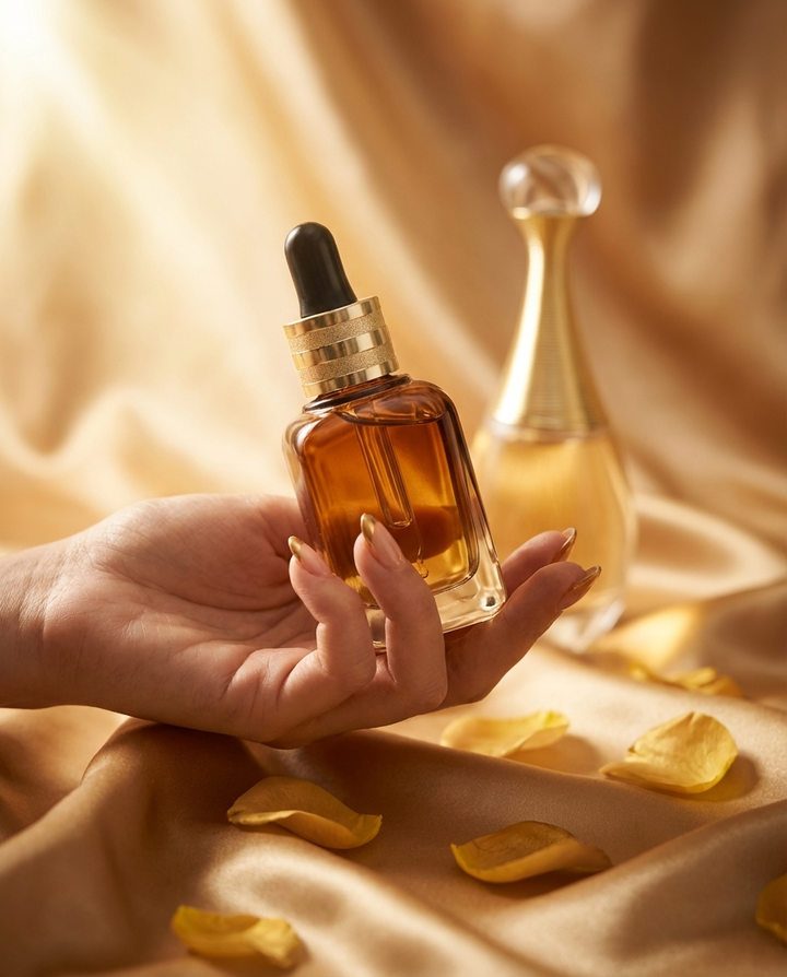Amour: a hand holding the Azhara fragrance oil dropper bottle over golden satin with scattered petals