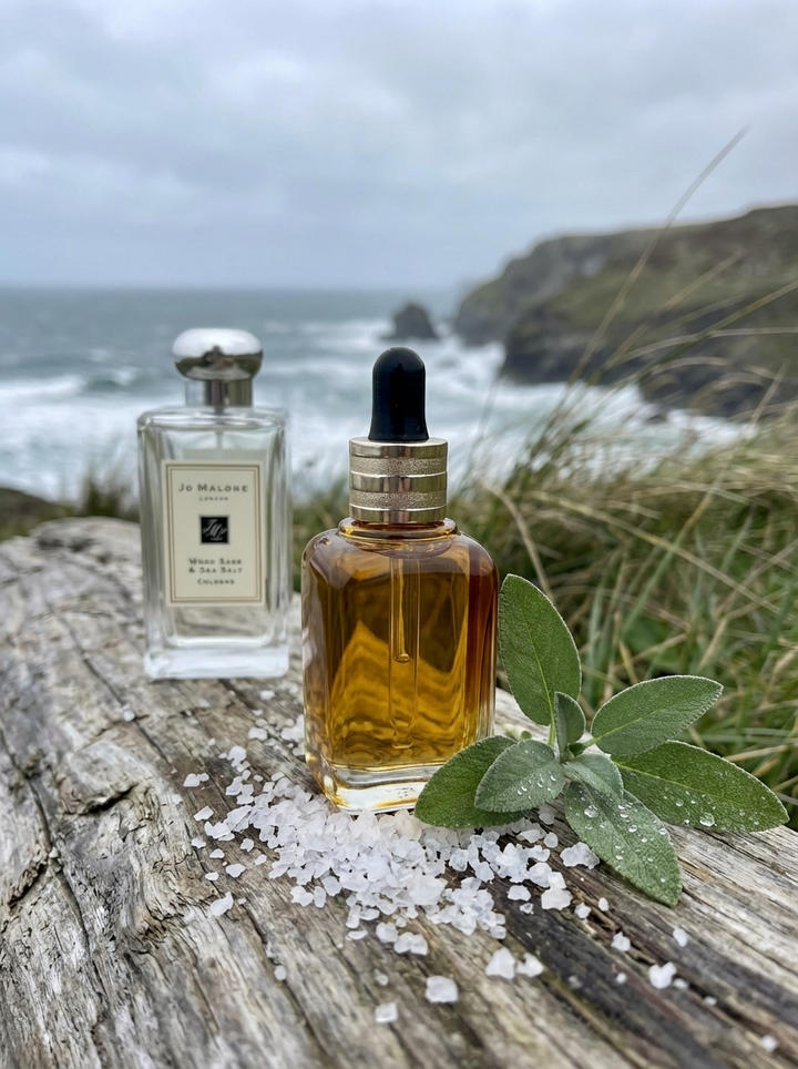 Reef: Azhara fragrance oil dropper bottle on weathered driftwood with sea salt and sage on a clifftop above the sea