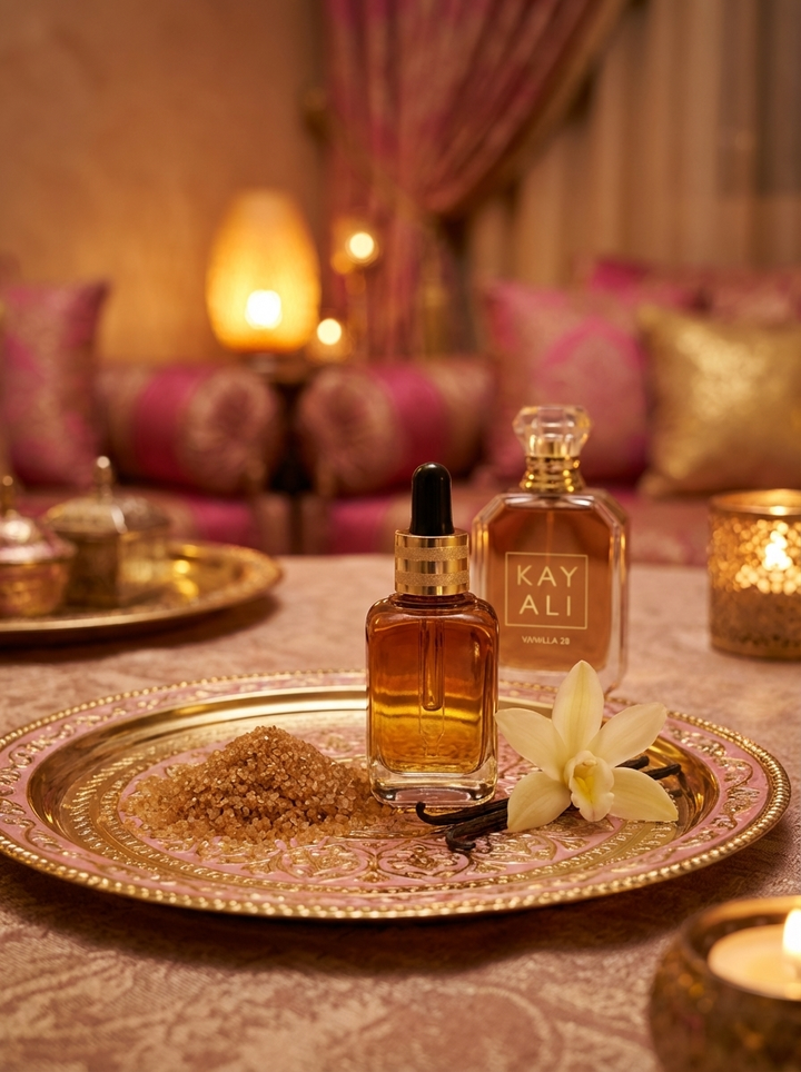 Vanille Royale: Azhara fragrance oil dropper bottle on a brass tray with vanilla pods and candlelight in a warm majlis setting