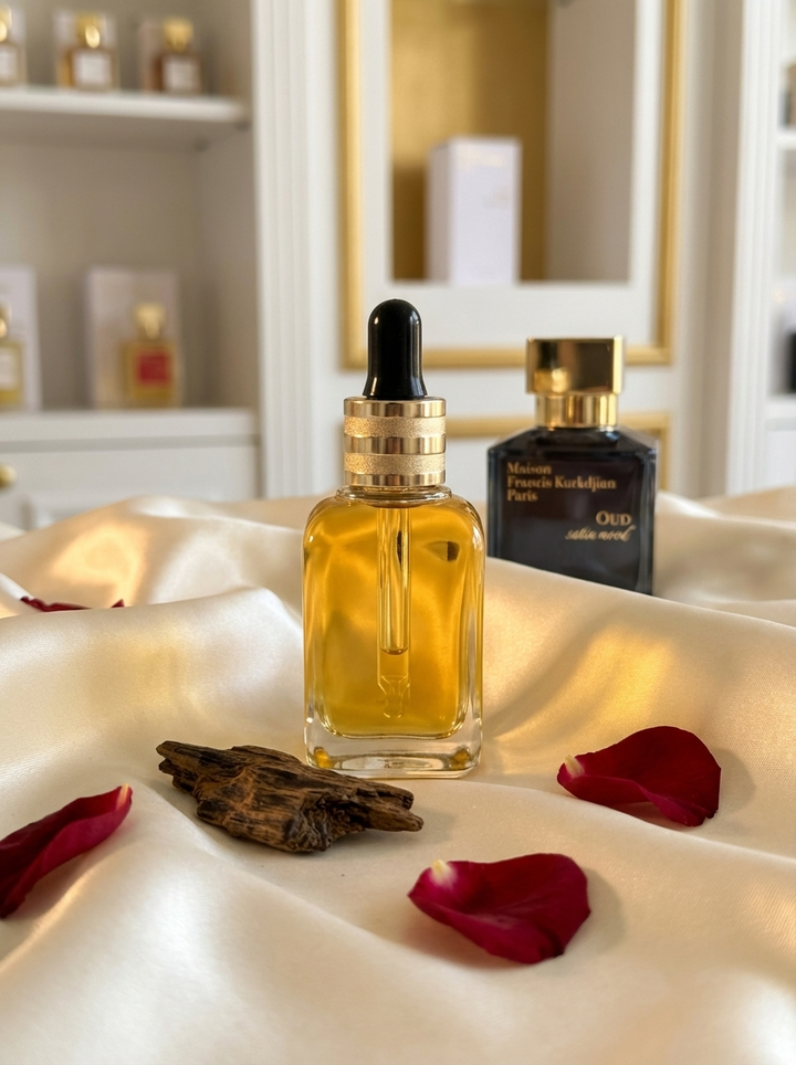Silvet: Azhara fragrance oil dropper bottle on ivory satin with oud chips and red rose petals