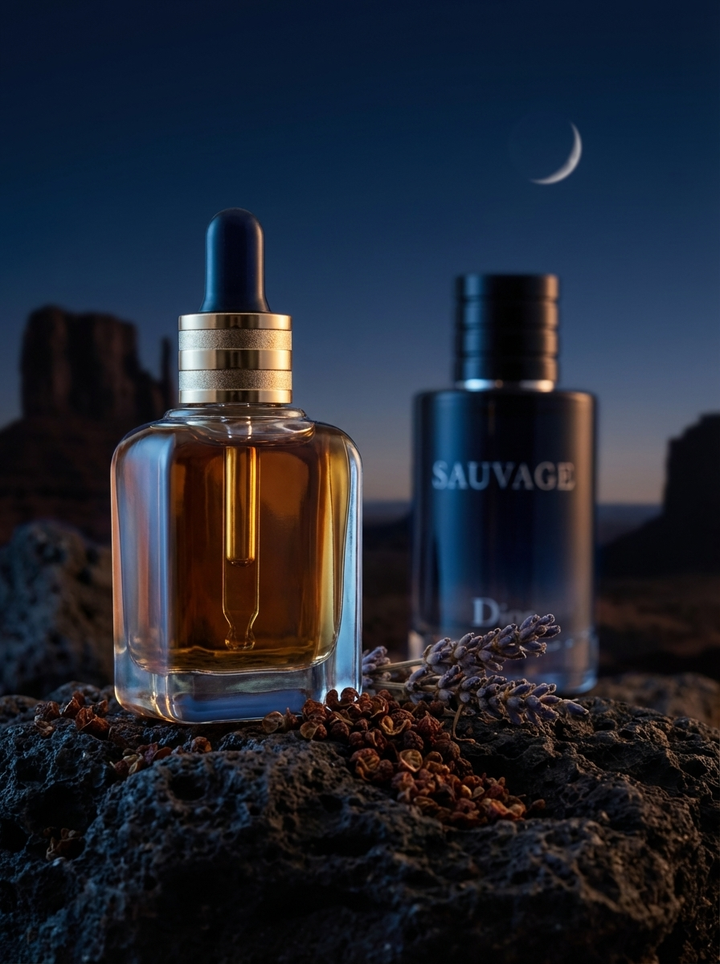 Nocturne: Azhara fragrance oil dropper bottle on dark rock under a night sky with a crescent moon