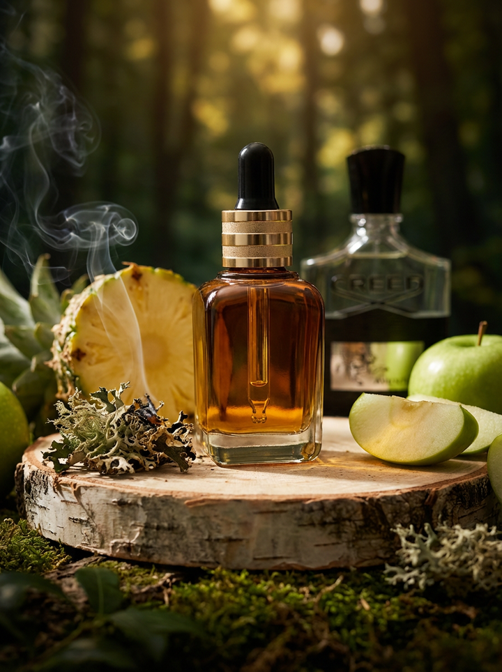 Vanta: Azhara fragrance oil dropper bottle on a birch slice in a forest clearing, with pineapple, green apple and smoke