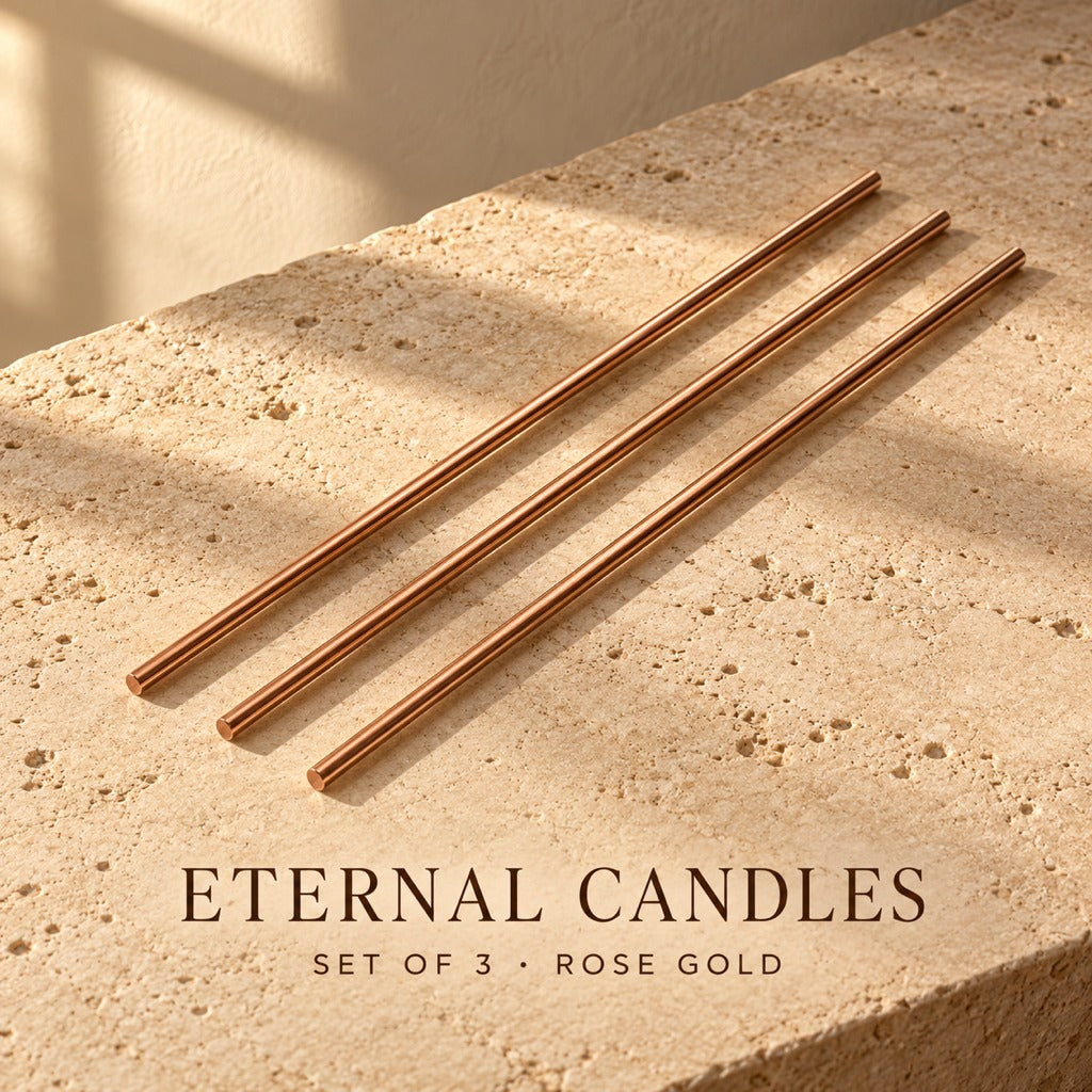 Azhara Eternal Candle Sticks, set of 3 in rose gold. Candles only.
