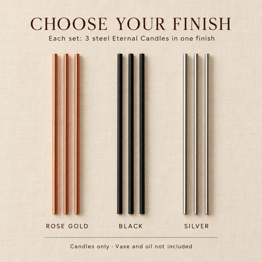 Choose your finish: rose gold, black or silver. Each set is 3 candles in one finish. Vase and oil not included.