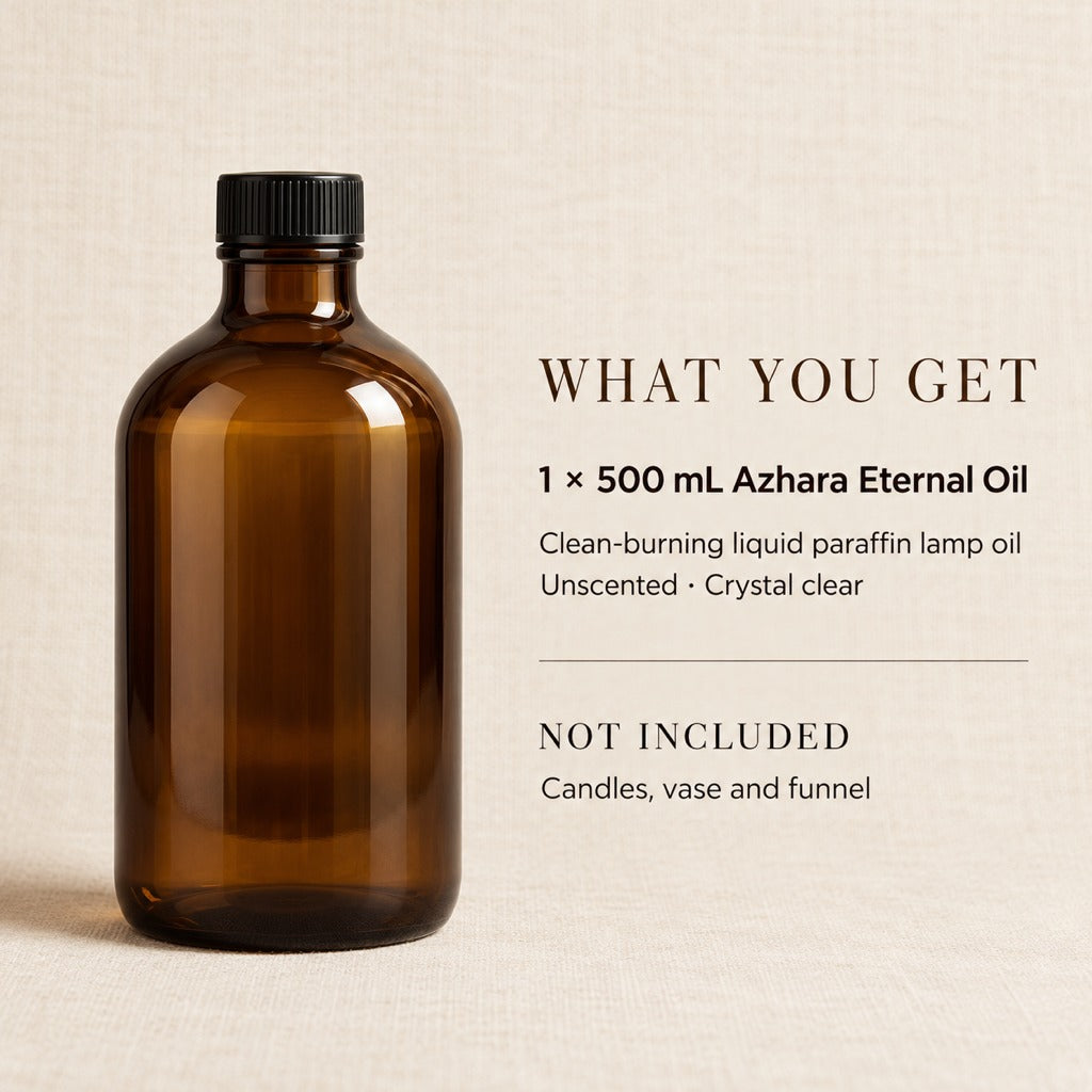 What you get: 1 x 500 mL Azhara Eternal Oil. Candles, vase and funnel not included.