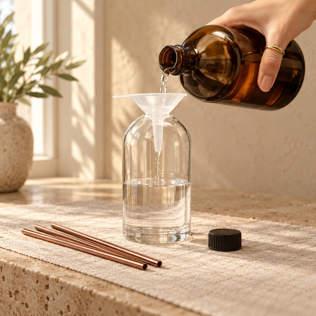 Refilling an Eternal Candle vase with Azhara Eternal Oil through a funnel