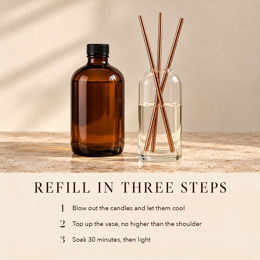 Refill in three steps: blow out and cool, top up to the shoulder, soak 30 minutes then light