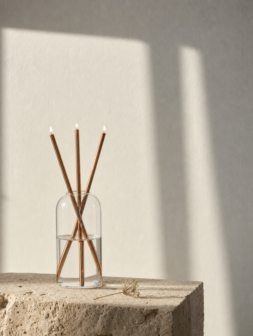 Azhara Eternal Candle Set: three lit rose gold refillable oil candles in a clear glass vase on a travertine block in afternoon sun