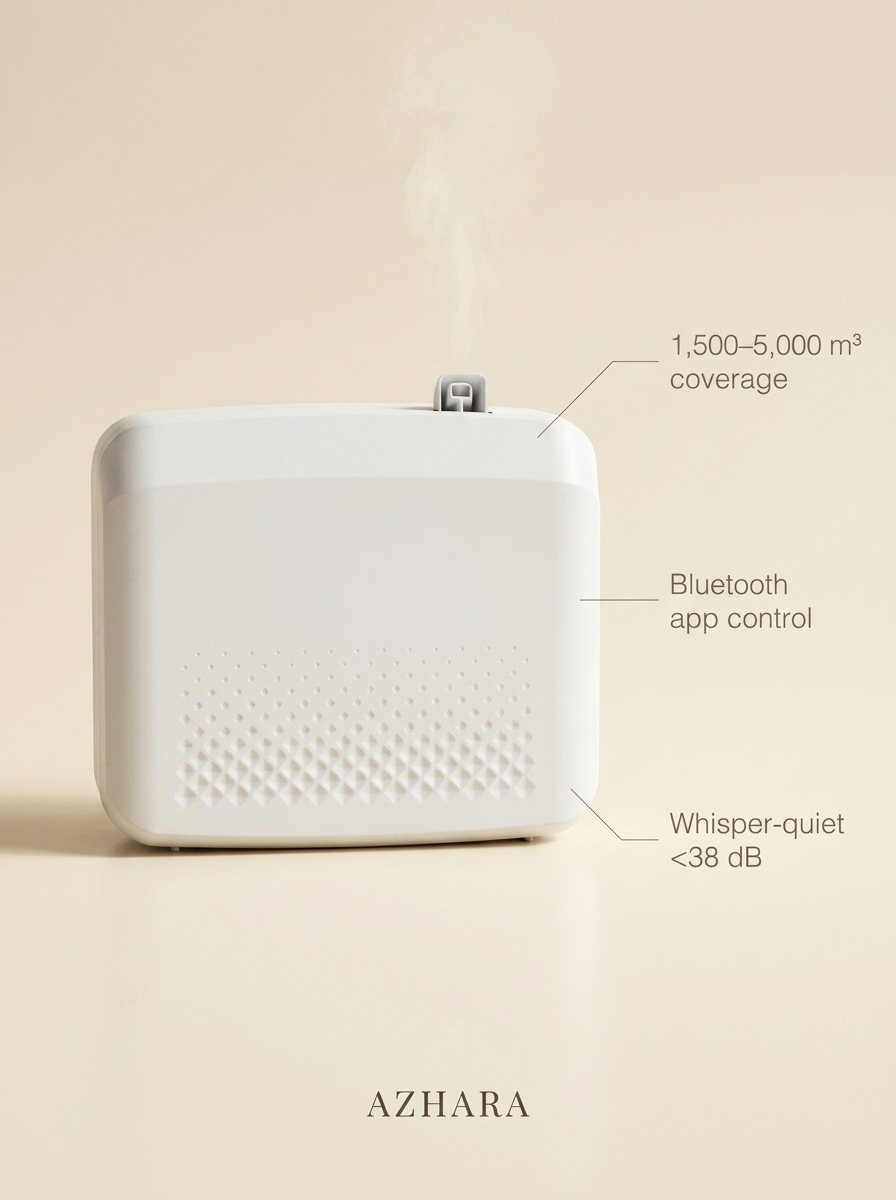 Ether XL specifications — 5000 cubic meter coverage, Bluetooth app, under 38 dB