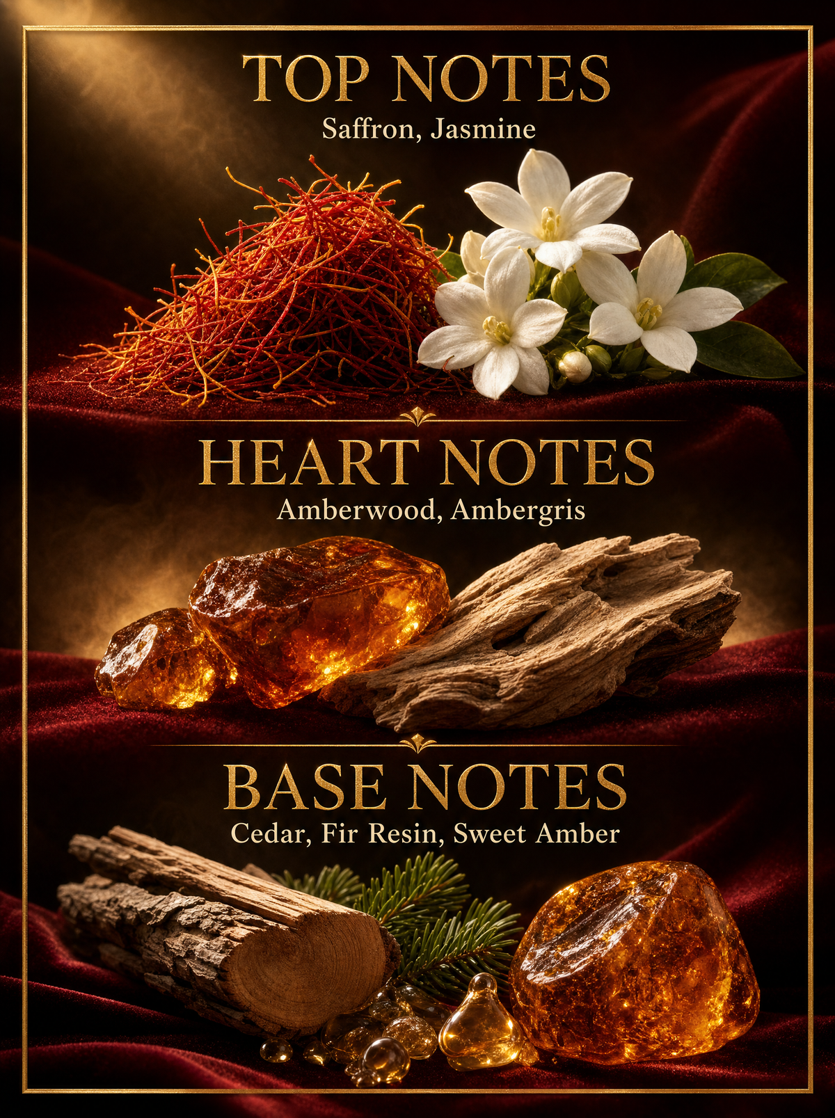 Azhara Solaris fragrance notes - saffron, jasmine, amberwood, ambergris, cedar, fir resin, sweet amber