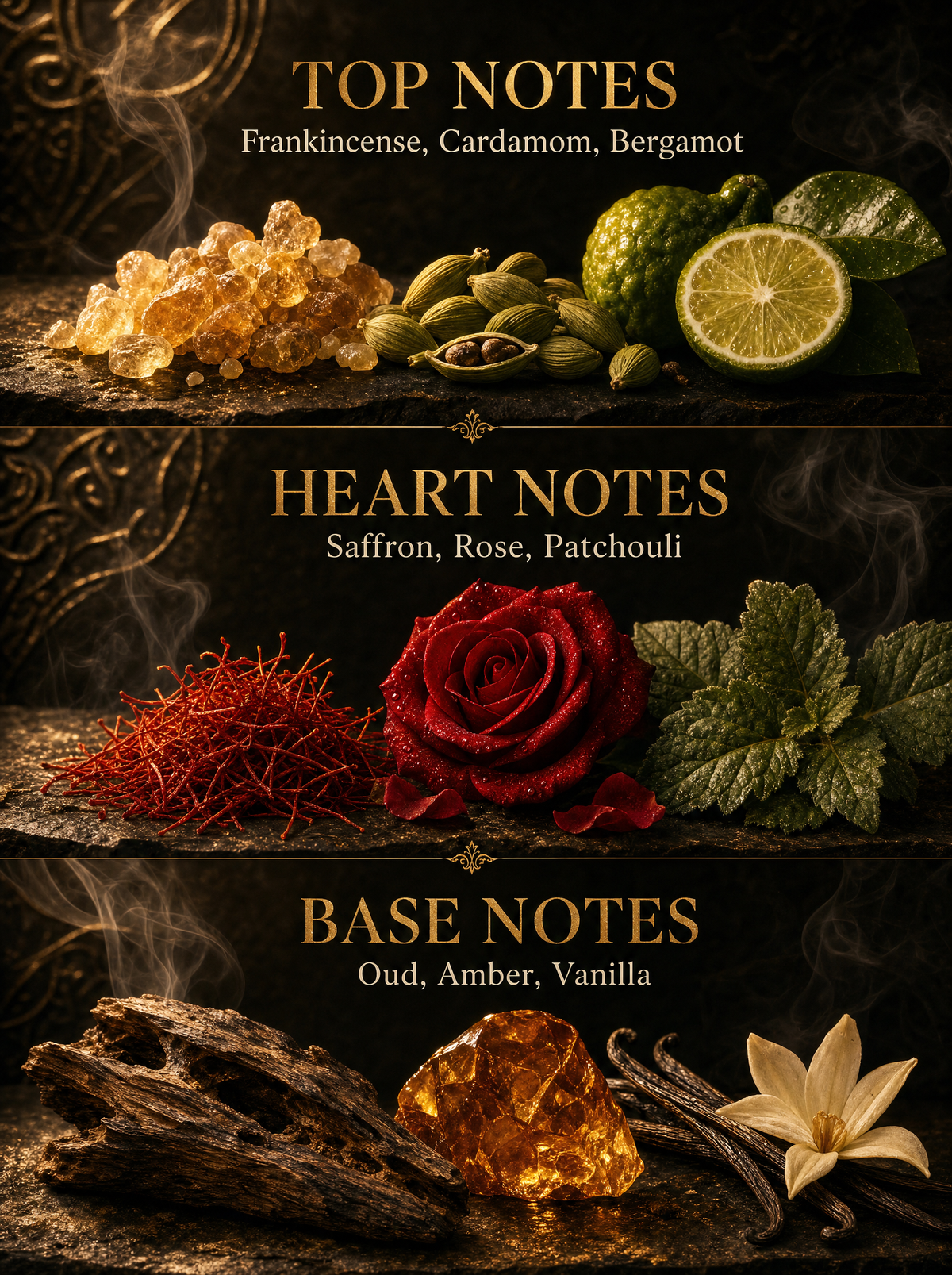 Azhara Nomara fragrance notes - frankincense, cardamom, bergamot, saffron, rose, patchouli, oud, amber, vanilla