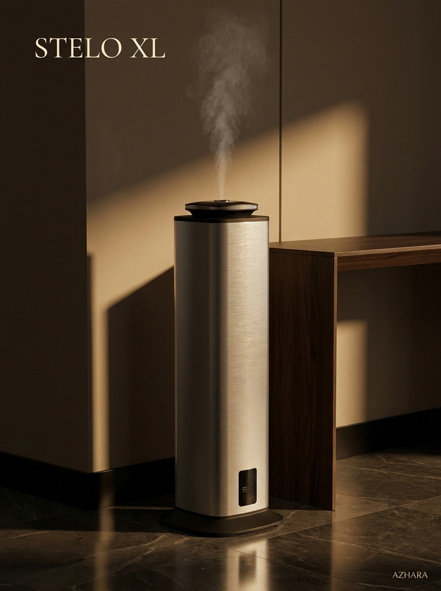Azhara Stelo XL metal tower waterless diffuser in upscale lobby