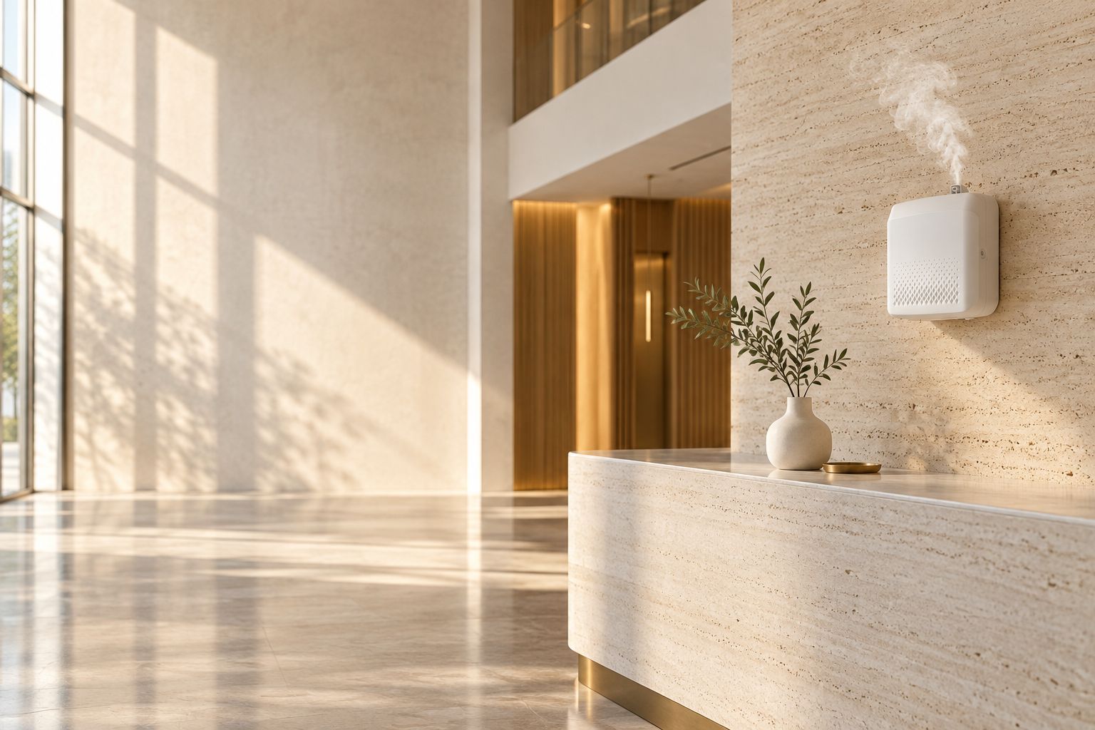 Travertine hotel lobby scented by a wall-mounted Azhara Ether XL