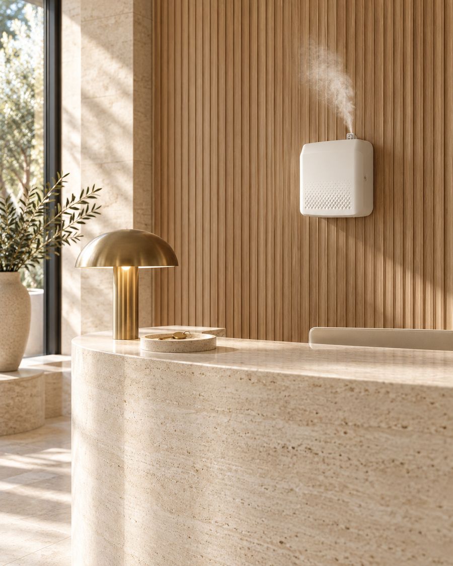 Hotel reception with Ether XL on a fluted oak wall