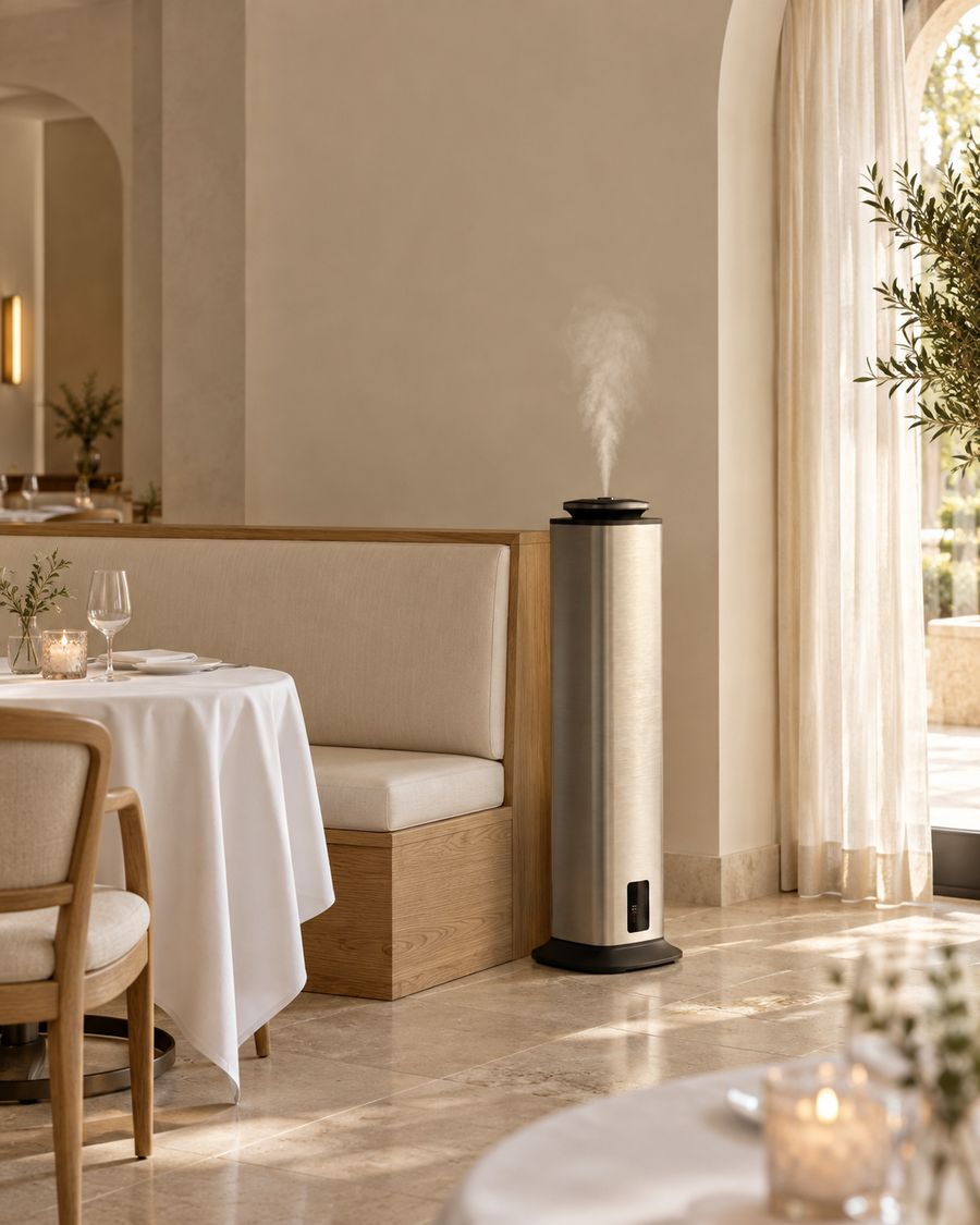 Daylit restaurant with a Stelo XL tower beside the banquette