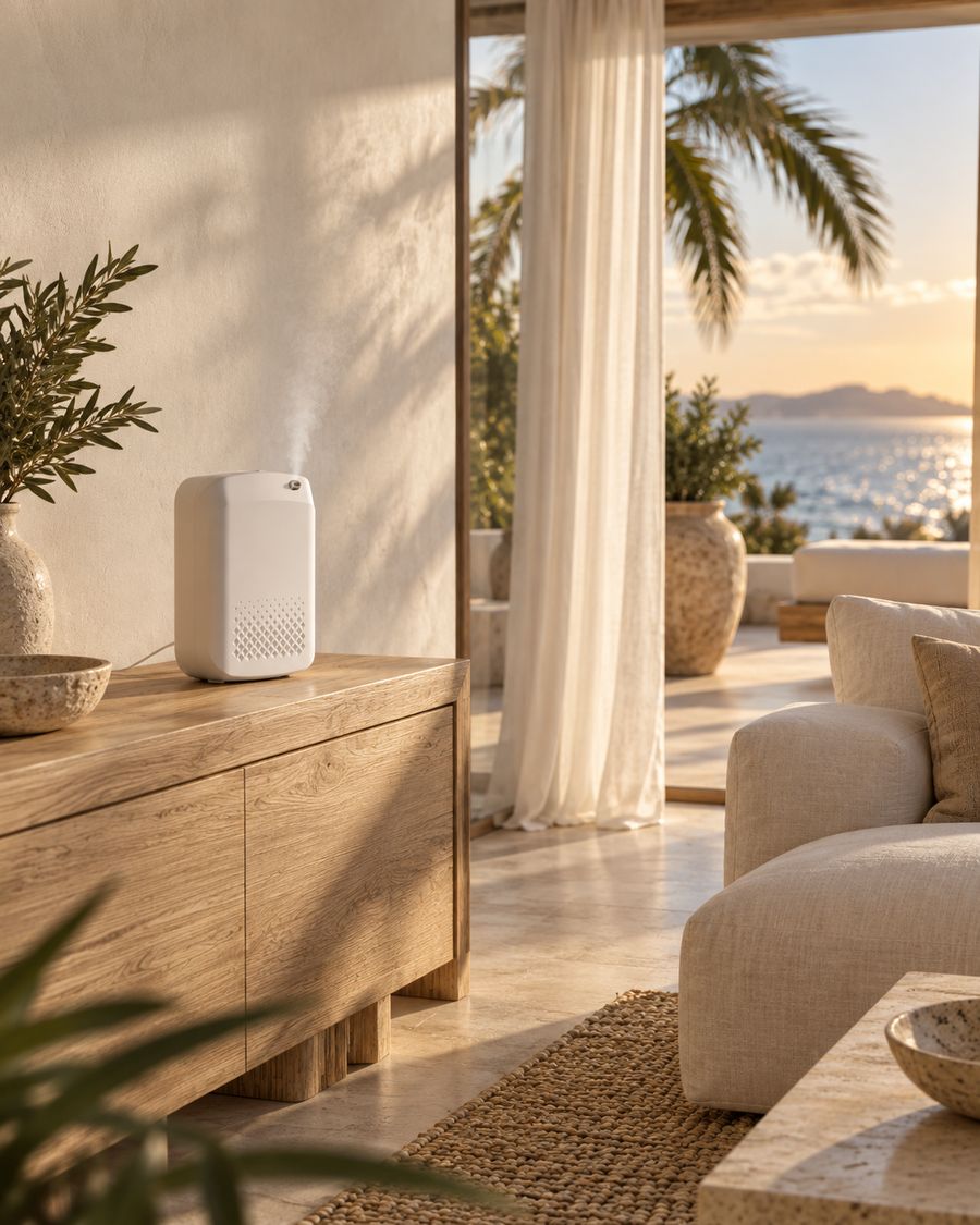Seaside villa living room with an Ether diffuser