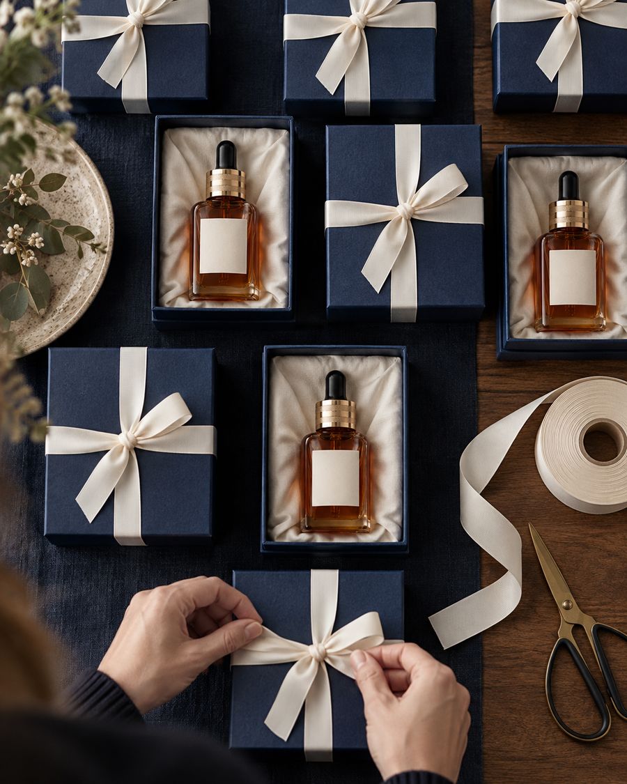 Custom fragrance bottles in open cream gift boxes