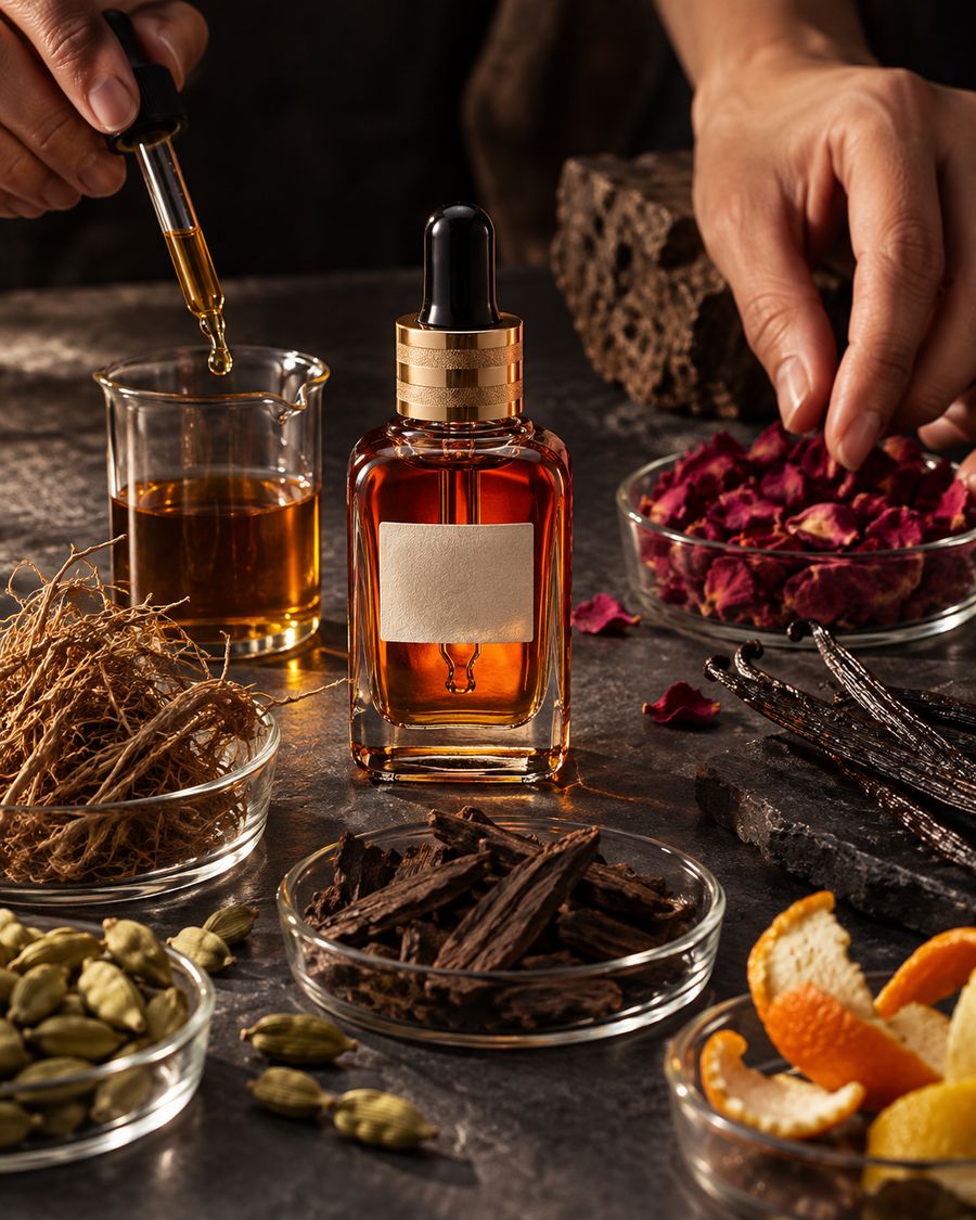 A perfumer adding a drop of oil to a beaker