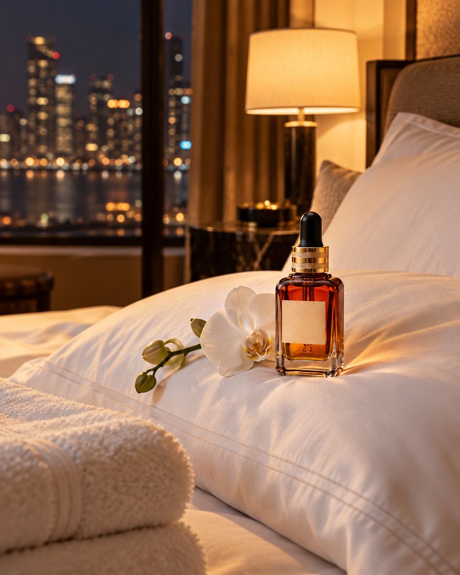 Custom fragrance bottles on a hotel vanity