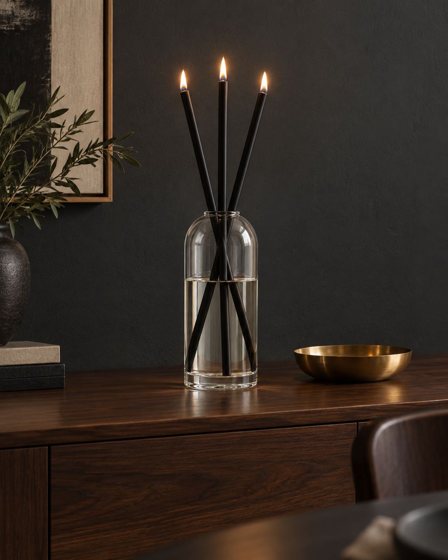 Black Eternal Candle lit on a walnut sideboard