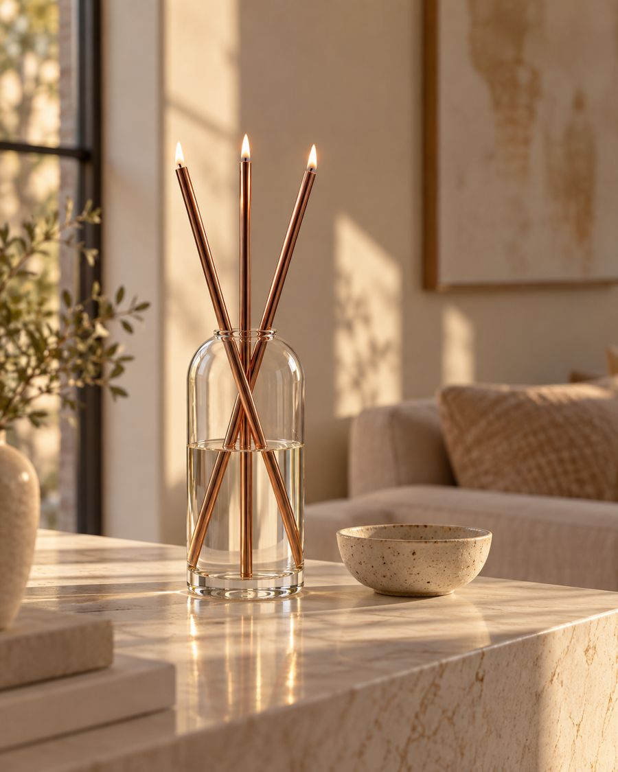Rose gold Eternal Candle lit on a marble console