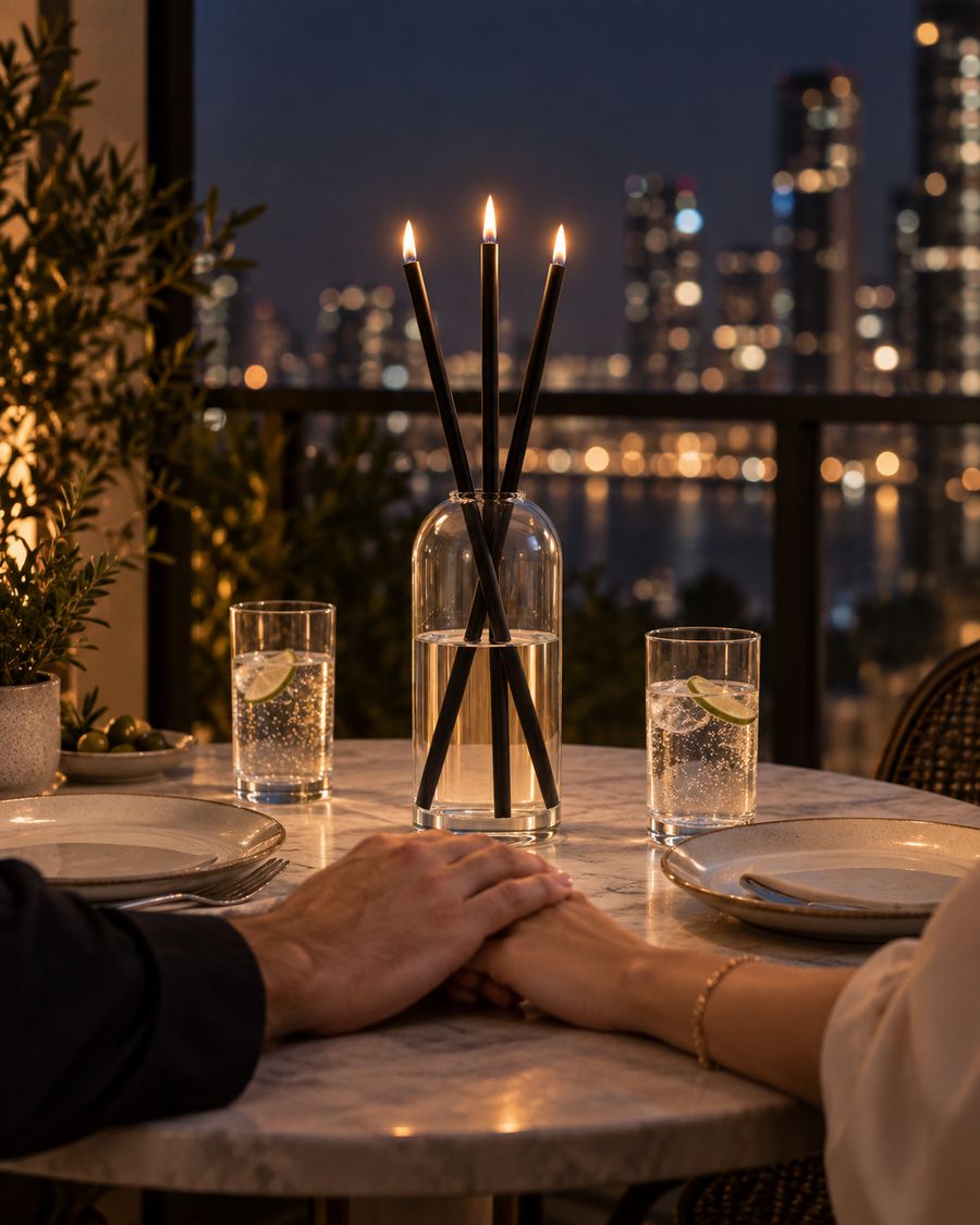 The black candle lit between two plates on a balcony
