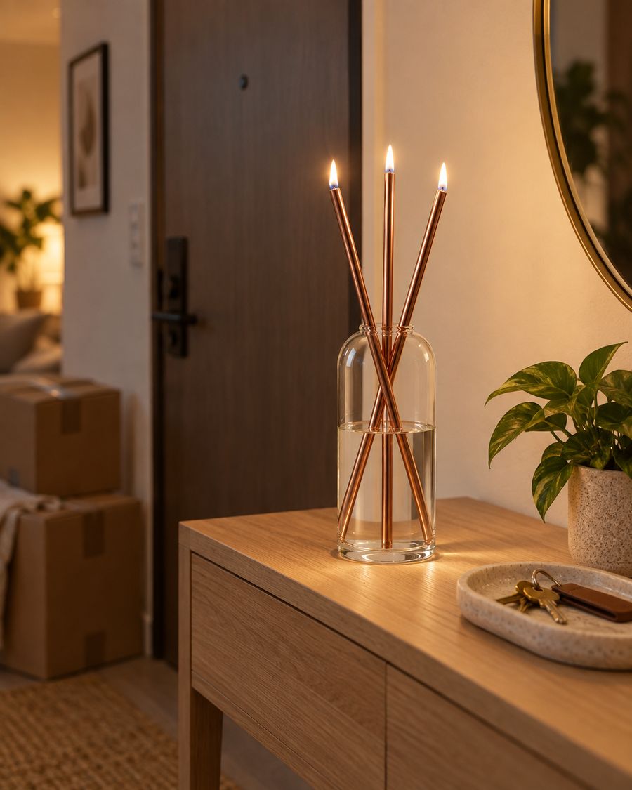 The candle lit on a console in a new apartment