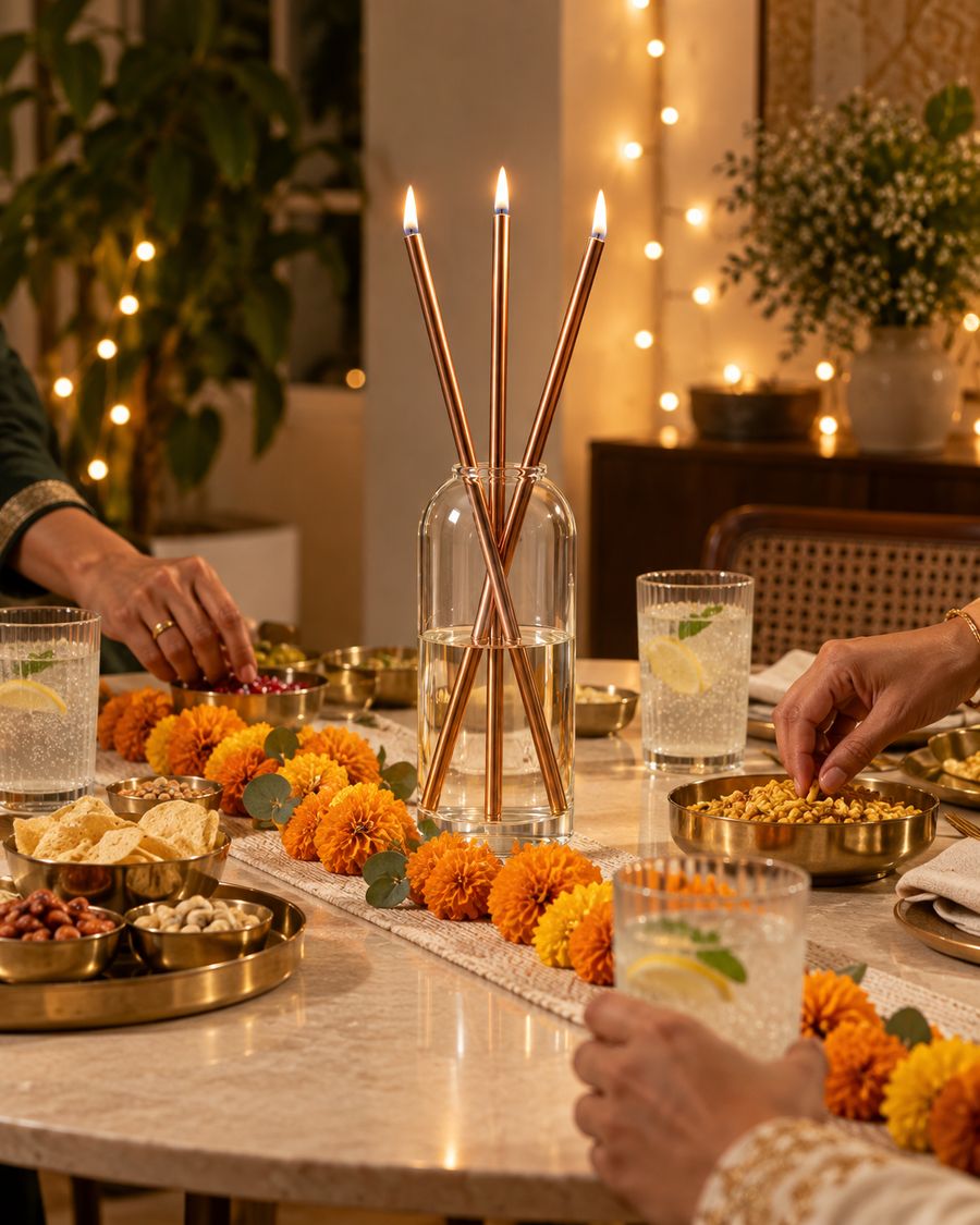 The candle lit at the centre of a festive table