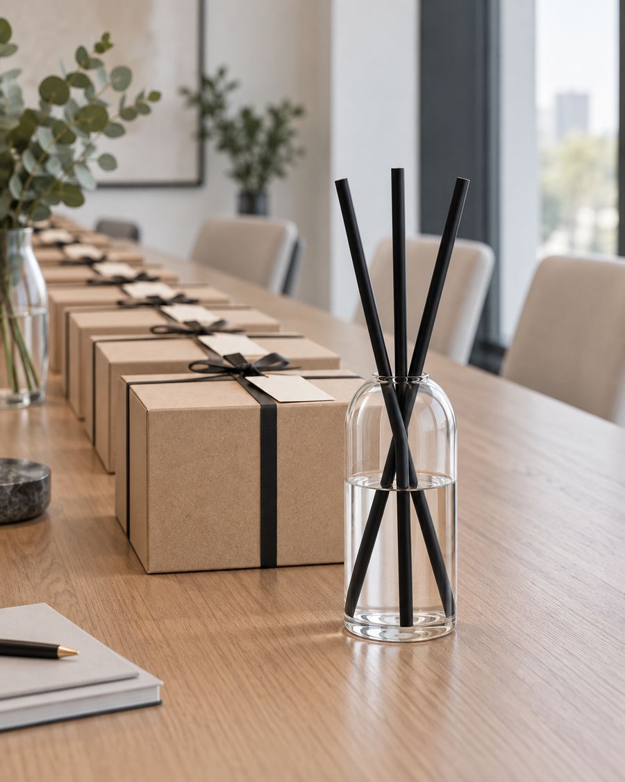 A row of kraft gift boxes with one candle set in front