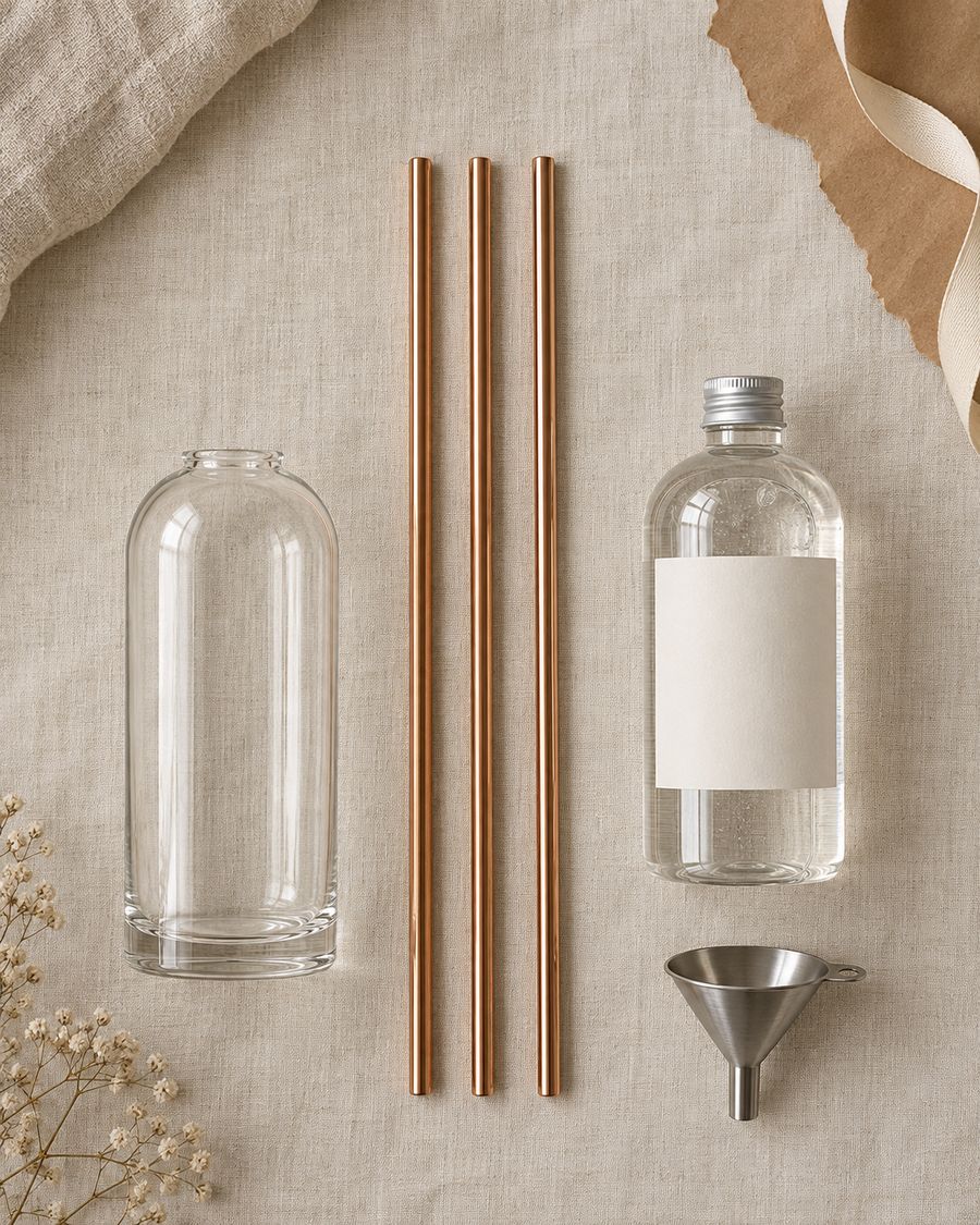 Glass vase, three rose gold candles, a 500 mL bottle of lamp oil and a funnel laid out on linen